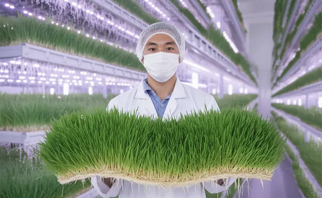 Organic wheatgrass roots grown with Indoor Organic Aeroponic Cultivation (IOAC) technology